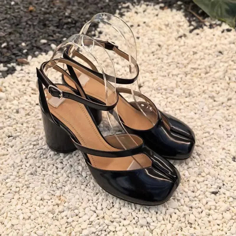 Escarpins Femme Tabi - Talons Épais Bout Fendu Cuir Verni Tendance
