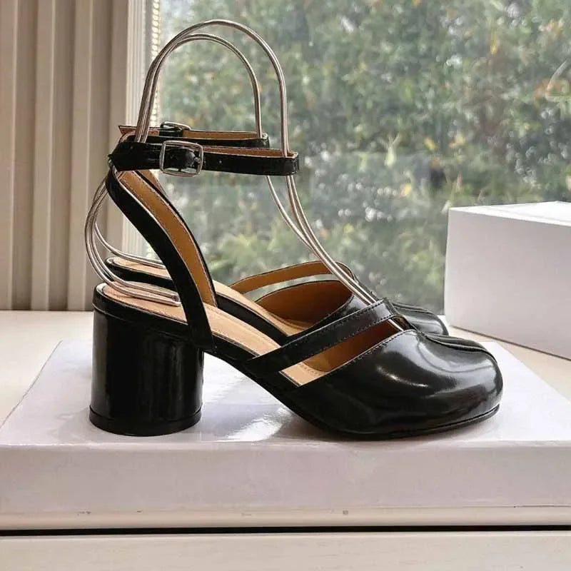 Escarpins Femme Tabi - Talons Épais Bout Fendu Cuir Verni Tendance