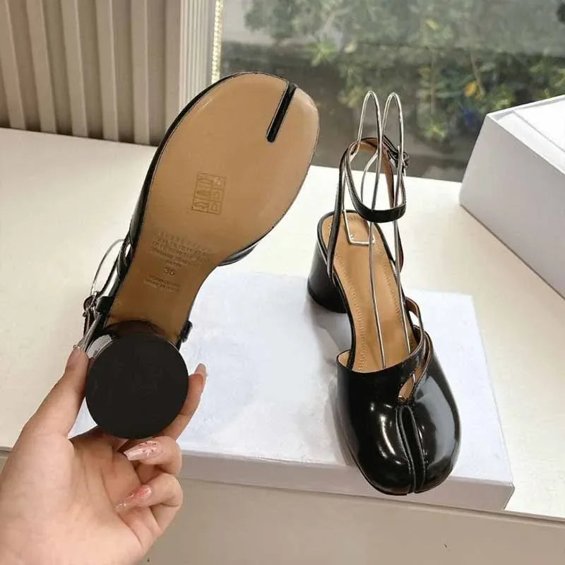 Escarpins Femme Tabi - Talons Épais Bout Fendu Cuir Verni Tendance