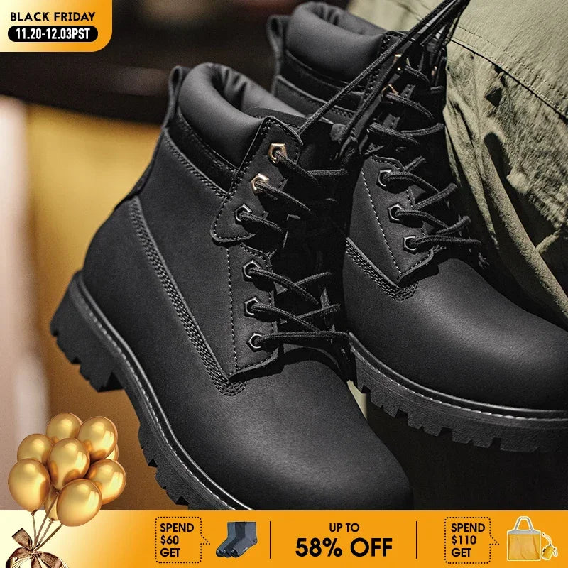 Bottes Homme Mi-Mollet Noires - Fourrées Travail Outdoor Rétro
