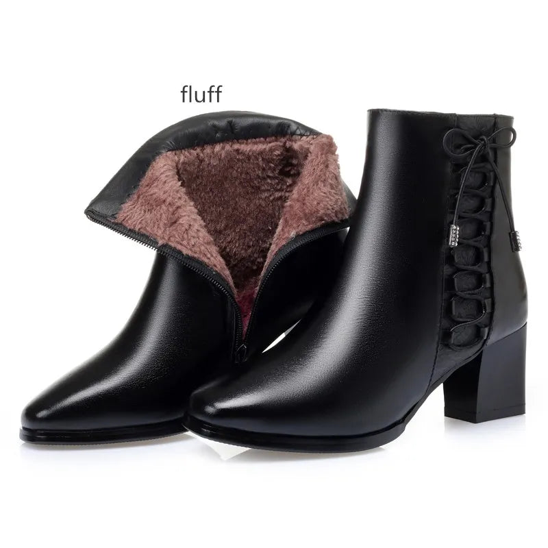 Bottines Femme Cuir Hiver - Fourrées Laine Chaudes Talons Moyens