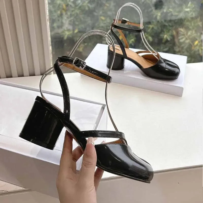 Escarpins Femme Tabi - Talons Épais Bout Fendu Cuir Verni Tendance