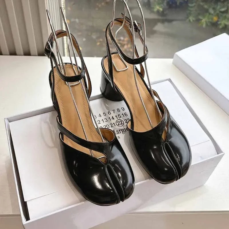 Escarpins Femme Tabi - Talons Épais Bout Fendu Cuir Verni Tendance