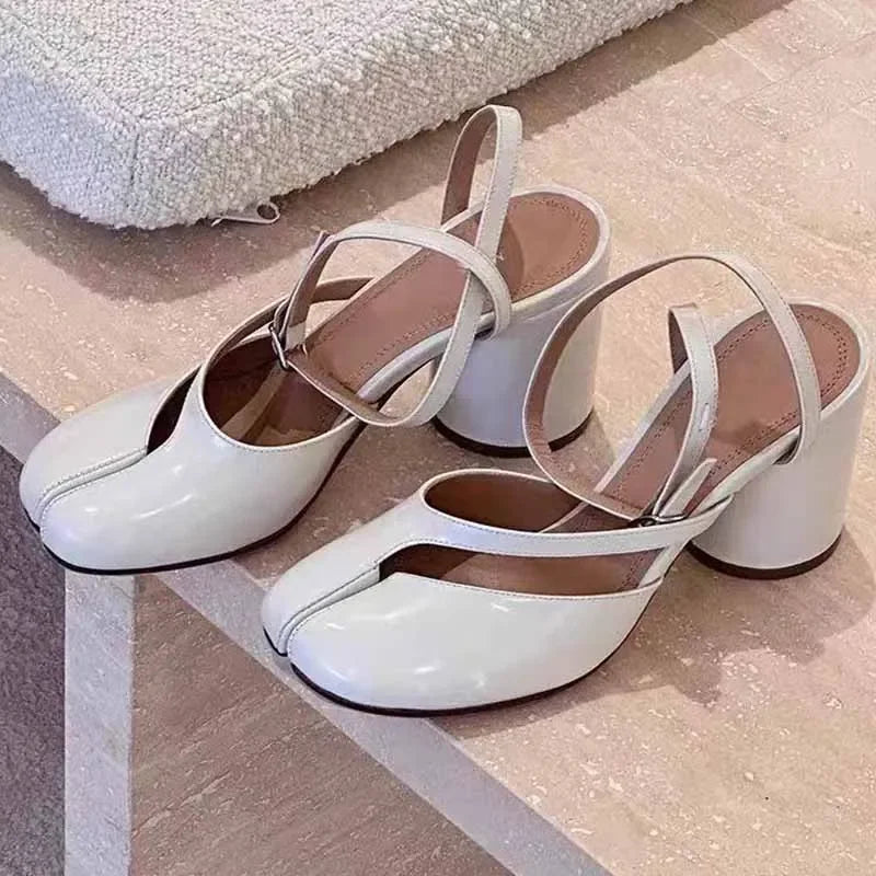 Escarpins Femme Tabi - Talons Épais Bout Fendu Cuir Verni Tendance