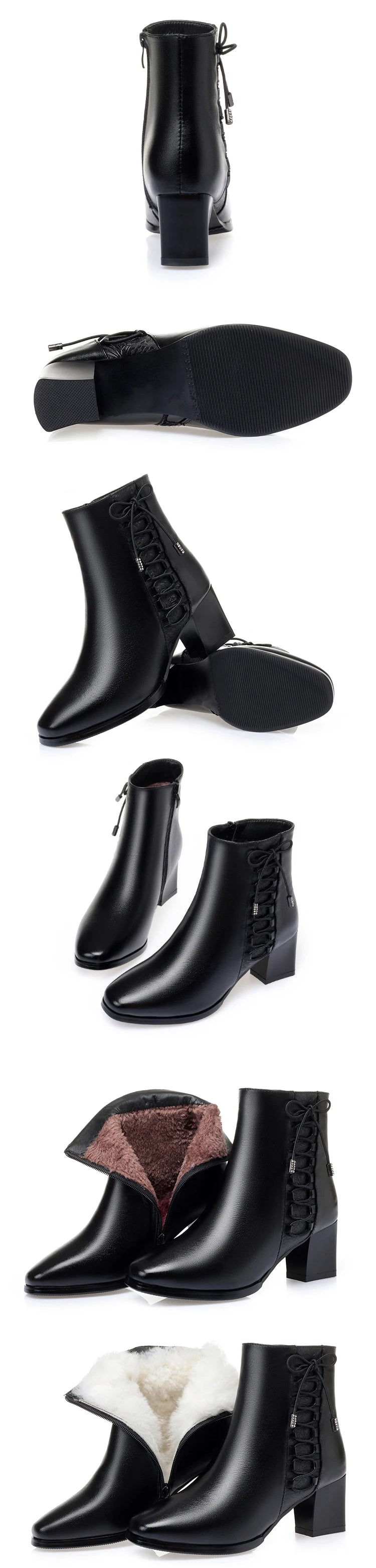 Bottines Femme Cuir Hiver - Fourrées Laine Chaudes Talons Moyens