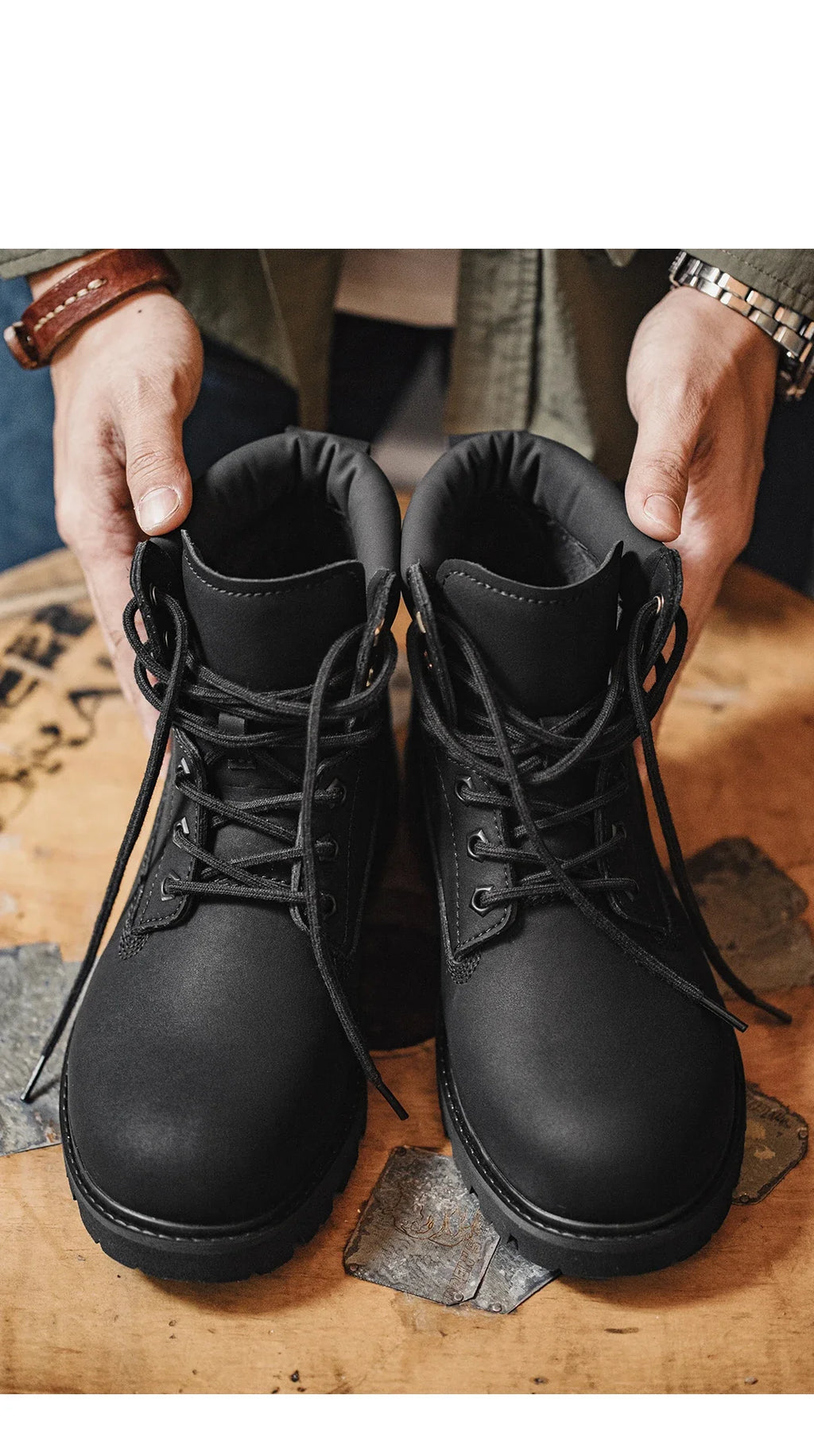 Bottes Homme Mi-Mollet Noires - Fourrées Travail Outdoor Rétro