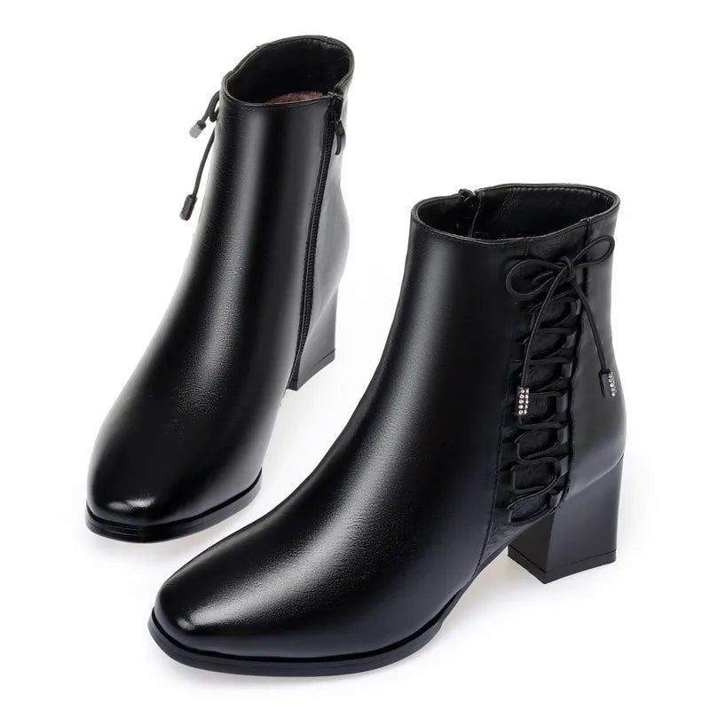 Bottines Femme Cuir Hiver - Fourrées Laine Chaudes Talons Moyens