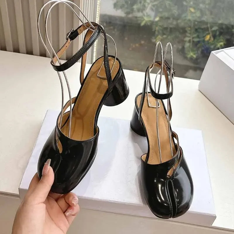 Escarpins Femme Tabi - Talons Épais Bout Fendu Cuir Verni Tendance