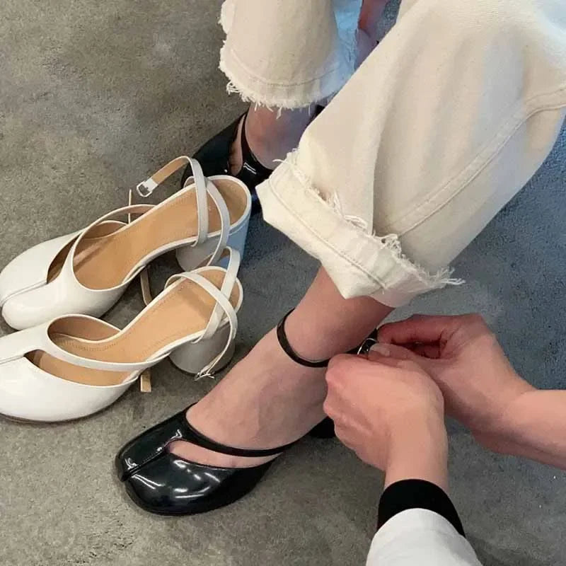 Escarpins Femme Tabi - Talons Épais Bout Fendu Cuir Verni Tendance