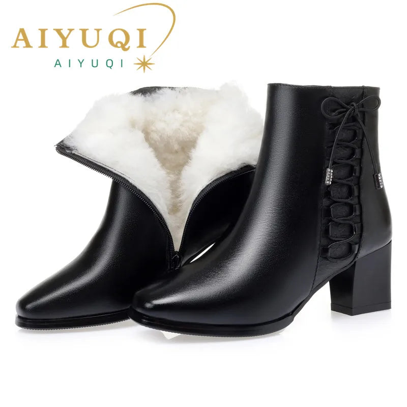 Bottines Femme Cuir Hiver - Fourrées Laine Chaudes Talons Moyens