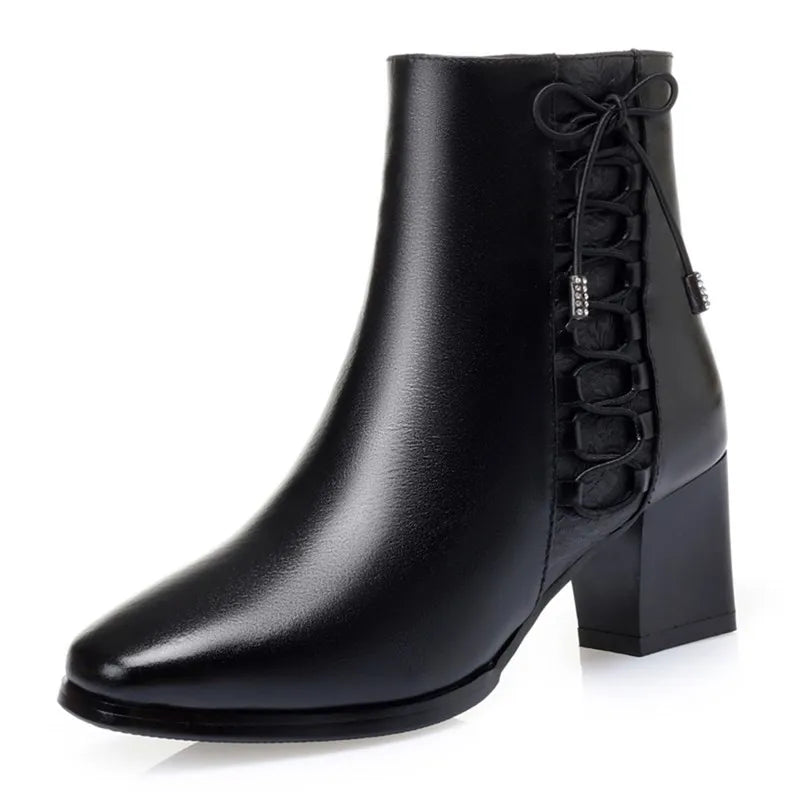 Bottines Femme Cuir Hiver - Fourrées Laine Chaudes Talons Moyens