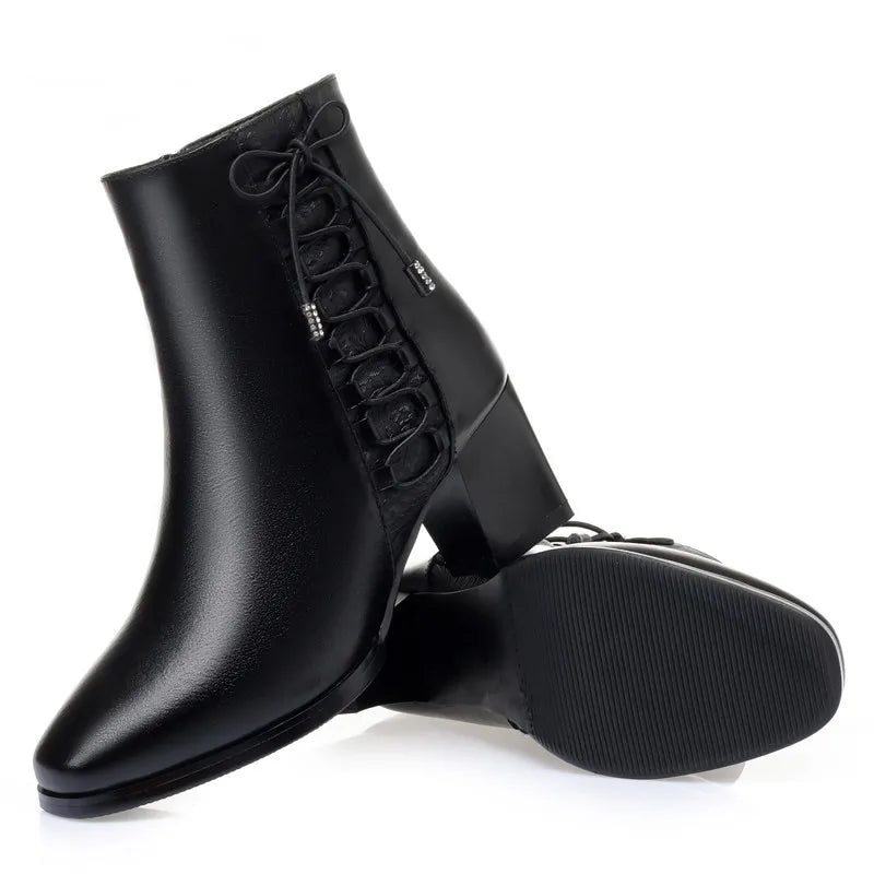 Bottines Femme Cuir Hiver - Fourrées Laine Chaudes Talons Moyens