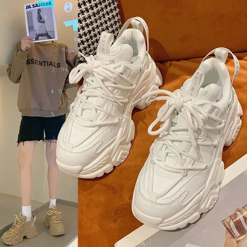 Sneakers Femme Plateforme Blanches - Compensées Cuir Casual Tendance