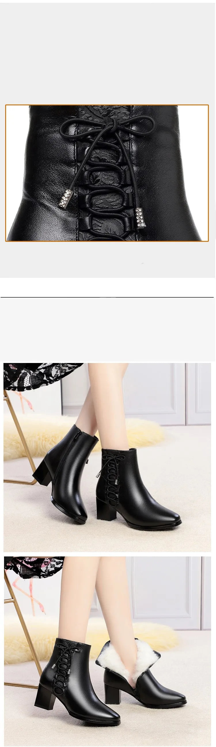 Bottines Femme Cuir Hiver - Fourrées Laine Chaudes Talons Moyens